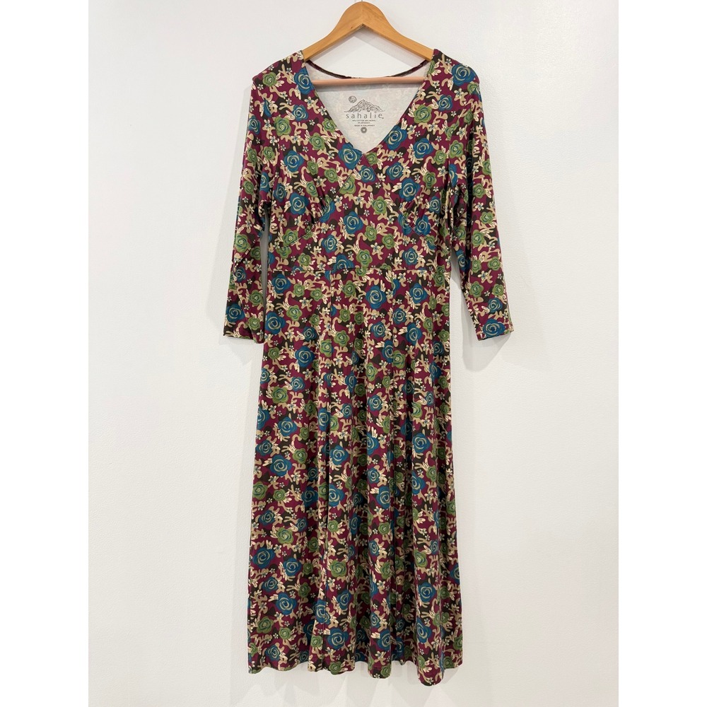 Sahalie Women Floral Midi Dress Burgundy V-Neck 3/4 Sleeve Cotton Modal Blend M